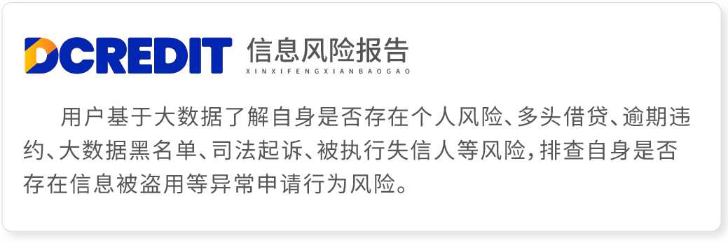 用户基于大数据，网贷大数据信息报告查询检测是否存在信息风险、多头申请、逾期违约、失信黑名单、司法被执行等风险，综合排查大数据信息风险行为。